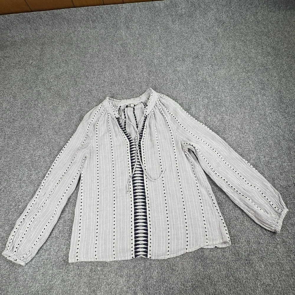 Lucky Brand Blouse Womens M Peasant Navy Striped Boho‎ Tie Neck Coastal Cottage
